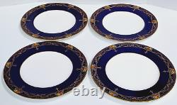 Royal Worcester Dinner Plates C2483 Cobalt Blue Raised Flowers Gold Scrolls (4)