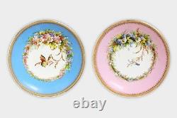 Royal Worcester Hand Painted Insect Floral Antique Cabinet Plate Pair Set 1880