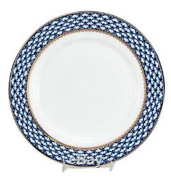 Russian Cobalt Blue Net 6 Dinner Plates 10.5, St Petersburg 24K Gold Bone China