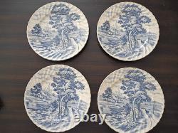SET of 4-VTG 10 Plate Fluted Edge Blue White Transferware Stained Crazed Patina