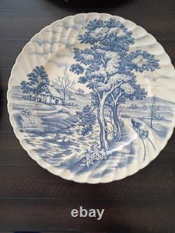 SET of 4-VTG 10 Plate Fluted Edge Blue White Transferware Stained Crazed Patina