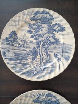 SET of 4-VTG 10 Plate Fluted Edge Blue White Transferware Stained Crazed Patina