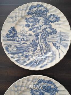 SET of 4-VTG 10 Plate Fluted Edge Blue White Transferware Stained Crazed Patina