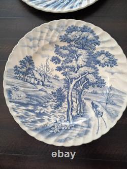 SET of 4-VTG 10 Plate Fluted Edge Blue White Transferware Stained Crazed Patina