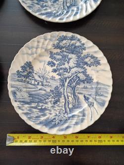 SET of 4-VTG 10 Plate Fluted Edge Blue White Transferware Stained Crazed Patina