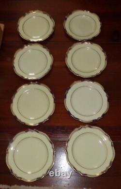 SPODE STAFFORD BLUE LEAF 10 1/2 DINNER PLATES GOLD & BLUE SCALLOPED Set of 8