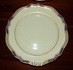 SPODE STAFFORD BLUE LEAF 10 1/2 DINNER PLATES GOLD & BLUE SCALLOPED Set of 8
