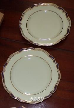 SPODE STAFFORD BLUE LEAF 10 1/2 DINNER PLATES GOLD & BLUE SCALLOPED Set of 8