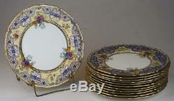 Scrumptious Royal Doulton Set 12 Gold & Cobalt Encrusted 10.5 Dinner Plates