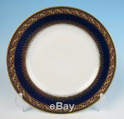 Set 12 Antique Bohemian Cobalt Raised Gold Bronze Dinner Plates Czech Porcelain