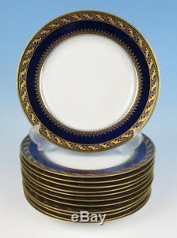 Set 12 Antique Bohemian Cobalt Raised Gold Bronze Dinner Plates Czech Porcelain