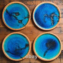 Set (4) 50s Vintage France Poterie De La Colombe Sandstone Azure Dinner Plates