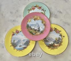 Set 4 ANTIQUE English 8.5 Lunch Plates Rose Landscape Coalport BWM Guilloche