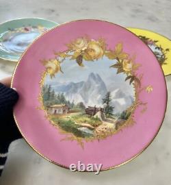 Set 4 ANTIQUE English 8.5 Lunch Plates Rose Landscape Coalport BWM Guilloche