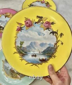 Set 4 ANTIQUE English 8.5 Lunch Plates Rose Landscape Coalport BWM Guilloche