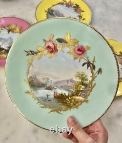 Set 4 ANTIQUE English 8.5 Lunch Plates Rose Landscape Coalport BWM Guilloche