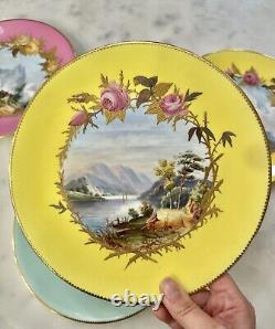 Set 4 ANTIQUE English 8.5 Lunch Plates Rose Landscape Coalport BWM Guilloche