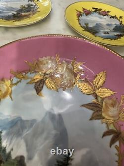 Set 4 ANTIQUE English 8.5 Lunch Plates Rose Landscape Coalport BWM Guilloche