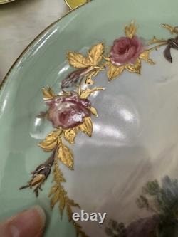 Set 4 ANTIQUE English 8.5 Lunch Plates Rose Landscape Coalport BWM Guilloche