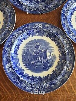 Set 6 Wedgwood Ferrara Blue And White 10 Dinner Plates Ship Scene England