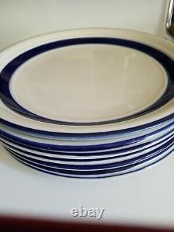 Set 7 Country Crock Stoneware Oven to Table Plates Cobalt Blue Bands Tienshan