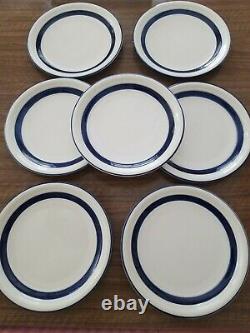 Set 7 Country Crock Stoneware Oven to Table Plates Cobalt Blue Bands Tienshan