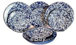 Set 8 CGS International Enamel Ware Dinner Plates & Bowls Blue & White Splatter