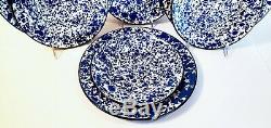 Set 8 CGS International Enamel Ware Dinner Plates & Bowls Blue & White Splatter