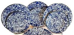 Set 8 CGS International Enamel Ware Dinner Plates & Bowls Blue & White Splatter