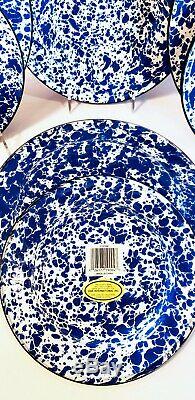 Set 8 CGS International Enamel Ware Dinner Plates & Bowls Blue & White Splatter