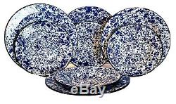 Set 8 CGS International Enamel Ware Dinner Plates & Bowls Blue & White Splatter
