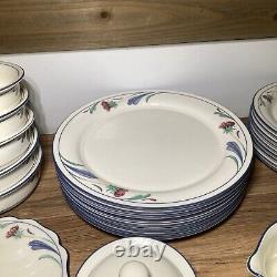 (Set Lot 34) LENOX Chinastone POPPIES ON BLUE Plates, Bowls, Cups, Trivel