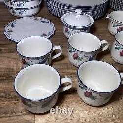 (Set Lot 34) LENOX Chinastone POPPIES ON BLUE Plates, Bowls, Cups, Trivel