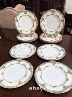 Set Of 12 -1920's Minton Turquoise Gold 10.25 Dinner Plates FREE SHIP