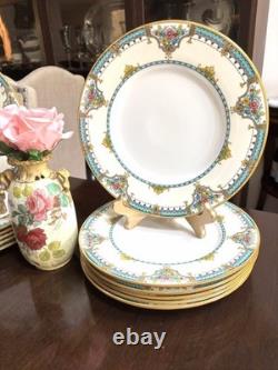 Set Of 12 -1920's Minton Turquoise Gold 10.25 Dinner Plates FREE SHIP
