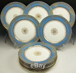 Set Of 12 Minton Raised Gold Blue & Medallion Dinner Plates Impressed Mark