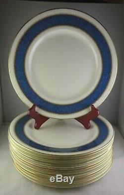 Set Of 12 Royal Worcester Fine Bone China Blue Belvoir Dinner Plates Blue & Gold