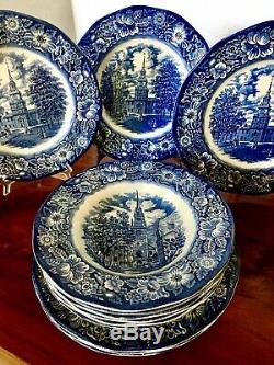Set Of 12 Vintage Staffordhire Ironstone Liberty Blue Dinner Plate & Soup Bowls