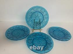 Set Of 4 LESmith Glass Moon and Stars Peacock Blue Dinner Plates 8 3/8 Perfect