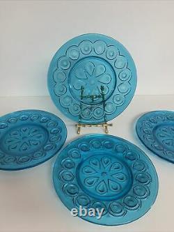 Set Of 4 LESmith Glass Moon and Stars Peacock Blue Dinner Plates 8 3/8 Perfect