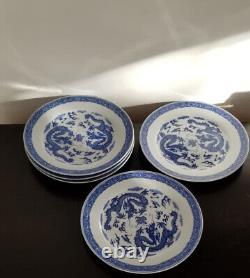 Set Of 5 Blue & White Dragon Plates Made In China D 9 3/4