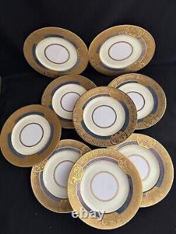 Set Of 9 Hutschenreuther Royal Bavarian 22kt Gold Encrusted Blue Dinner Plates