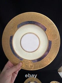 Set Of 9 Hutschenreuther Royal Bavarian 22kt Gold Encrusted Blue Dinner Plates