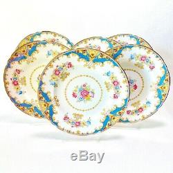 Set Of Six Shelley Blue Scalloped Dinner Plates Blue Tan Border English Floral