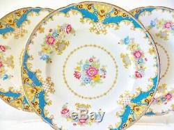 Set Of Six Shelley Blue Scalloped Dinner Plates Blue Tan Border English Floral