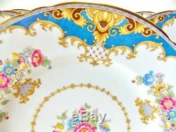 Set Of Six Shelley Blue Scalloped Dinner Plates Blue Tan Border English Floral