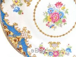 Set Of Six Shelley Blue Scalloped Dinner Plates Blue Tan Border English Floral