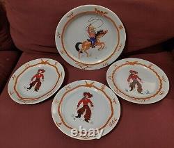 Set Pottery Hand Painted Plates Western Cowboy Woolies Chaps Branding Iron Mark