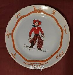 Set Pottery Hand Painted Plates Western Cowboy Woolies Chaps Branding Iron Mark