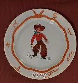 Set Pottery Hand Painted Plates Western Cowboy Woolies Chaps Branding Iron Mark